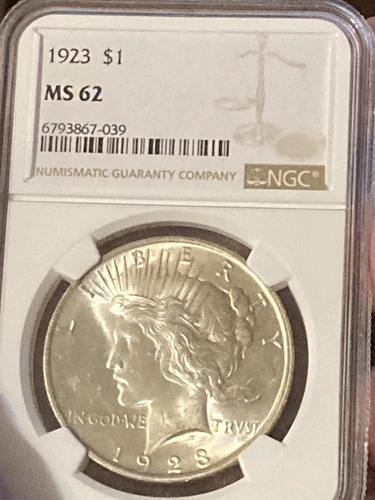 MS62 1923 Peace Silver Dollar.  Sharp PEACE SILVER Graded