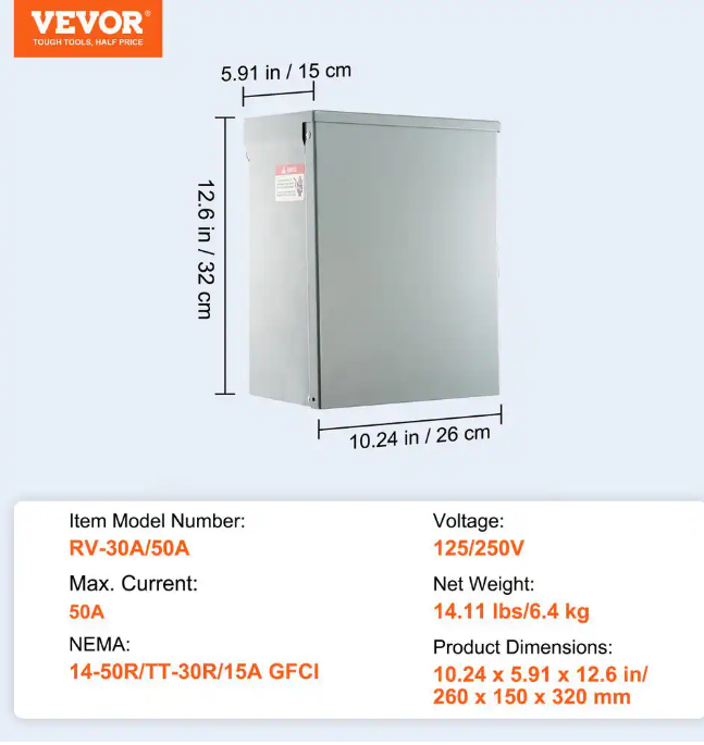 VEVOR 20/30/50A Temporary RV Power Outlet Box Electrical Outdoor