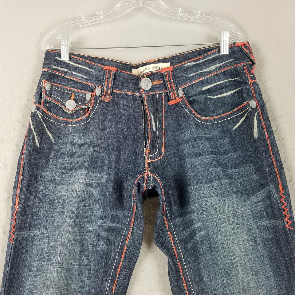 Laguna Beach Jeans Mens 32x30 Bootcut Denim Red Stitch Skull Button Distressed - Image 3 of 4