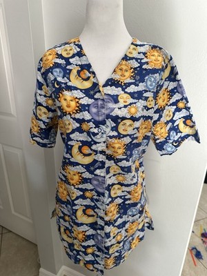 Cherokee Women s Scrub Top Sun Moon Celestial Print V-Neck Size Medium