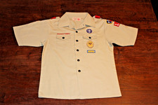 Boy Scouts of America BSA Youth Shirt Tan Large Sewn Patches Glue Residue