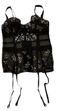 Victoria's Secret Corset Bustier Black Lace Garter Straps Mesh Paneling Boning