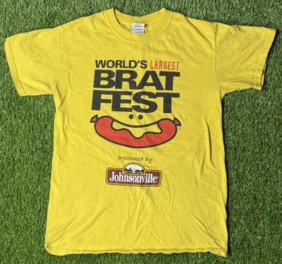 World's Largest Brat Fest Shirt Mens Small Yellow Gildan Johnsonville Tee