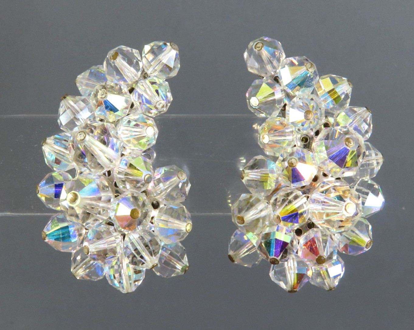 Vintage LAGUNA CLIP-ON EARRINGS Clear AB Crystal Beads PAISLEY SHAPE Cluster