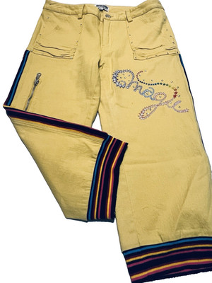 Brenda Brown Italy Magic Yellow Embellished Stretch Capris M Stripe Knit Accents