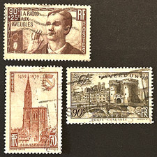 Timbres France 1938-39 :radio aux aveugles,Strasbourg, Verdun,N°418-443-445,Ob.