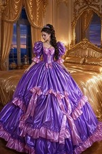 Purple Satin Rococo Ball Gown Puff Sleeve Pink Bow Victorian Princess Costume