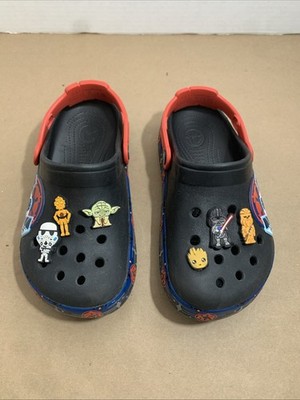 Star Wars Black Crocs Size Junior 3 with 6 Marvel Jibbitz Red Strap TIE Fighter