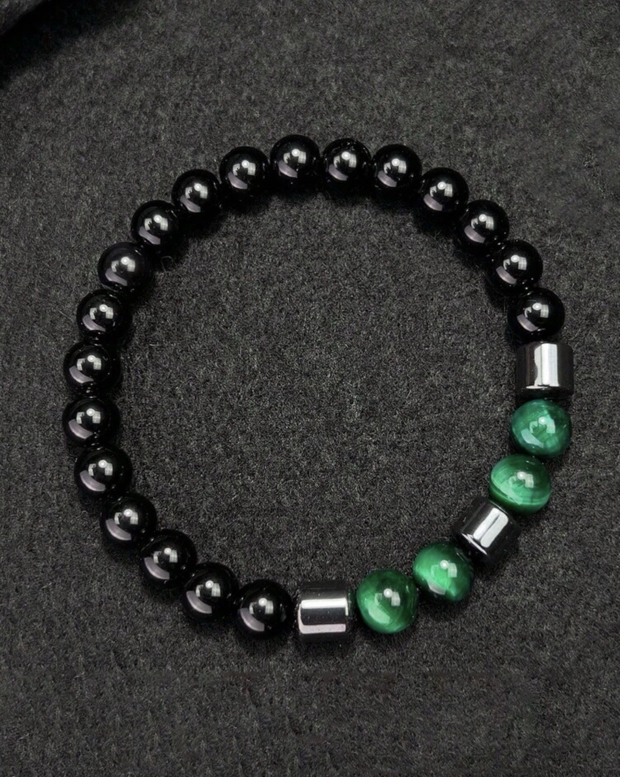 Bracelet Tourmaline Noire et Hématite contre le Stress : Calme avec l'Œil de Tigre Vert