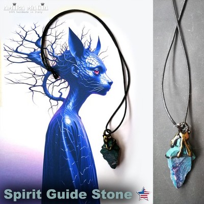 Uncut Gemstone Pendant Spirit Guide Blue Cat Blessing Spell Amulet Raw Stone Bib