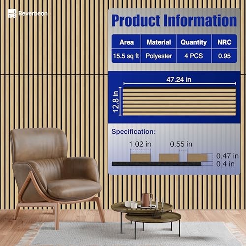 4PCS Wood Slat Wall Panels, 12.8" x 47.2" Sound Absorbing Acoustic Sandrift Oak