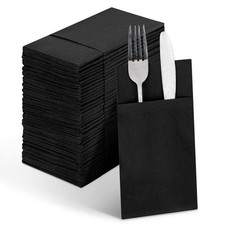 Unves Linen-Feel Black Paper Napkins with Built-in Flatware One Size, black