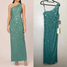 ADRIANNA PAPELL DRESS 14 GREEN SEQUIN 3D FLORAL LONG FORMAL ONE SHOULDER BLING