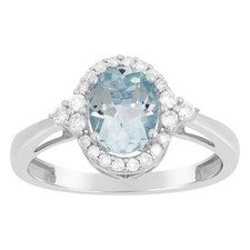 10K White Gold Oval Aquamarine Ring Diamond Accents Jewelry Gift for Her Size 7