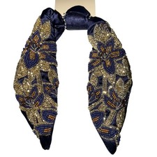 Embellished Beaded Floral Knot Headband Navy Blue Gold NWT