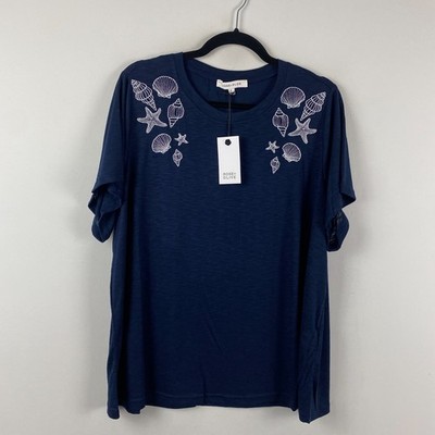 Rose + Olive T Shirt Womens 1X Seashell Embroidered Short Sleeve Slub Navy Blue