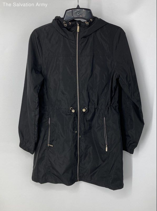Michael Kors Womens Black Long Sleeve Hooded Drawstring Full-Zip Rain Coat Sz M