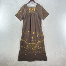 Vintage Dress Womens L Brown Floral Embroidered Square Neck Maxi Oaxacan Boho