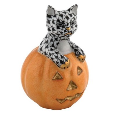 HEREND,  JACK  O' LANTERN  KITTY,  BLACK FISHNET, #VHNM-16352 HALLOWEEN, NEW MIB