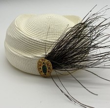Mid Century Woven White Pillbox Cocktail Fascinator Hat Peacock Feather Brooch