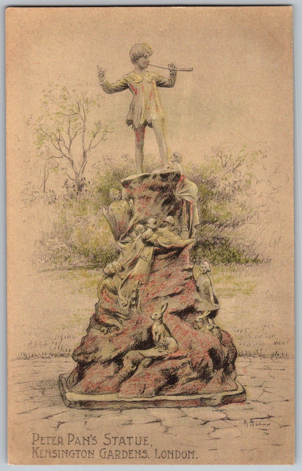 Antique Postcard Peter Pan Kensington Gardens, London, England 1910s