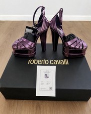 NWT Roberto Cavalli Metallic Snake-Effect Platform Sandals  US 7W  Orig. 1395