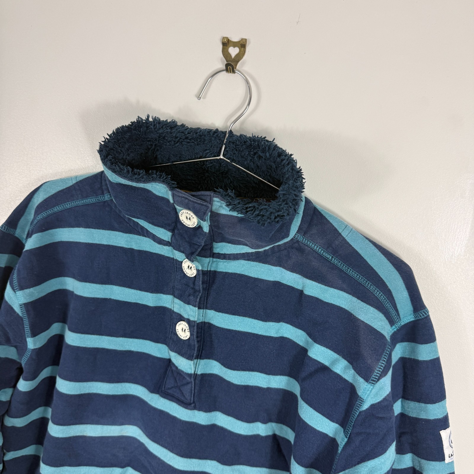 Women's VTG Lazy Jacks Navy Striped Sherpa Collar Button Neck Medium Sweatshirt image 9