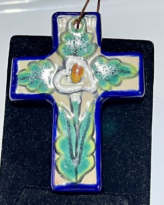 Mexican Pottery Folk Art Lilly Of The Valley Wall Cross Hand Painted 6 