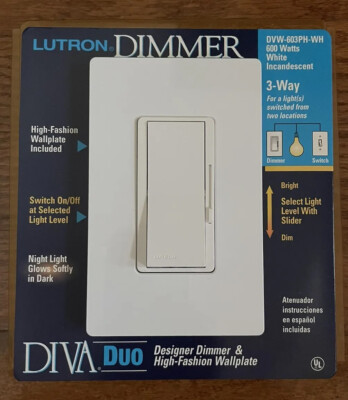 NIP White Lutron Diva Duo Dimmer 3-Way Contemporary Dimmer DVW-603PH-WH