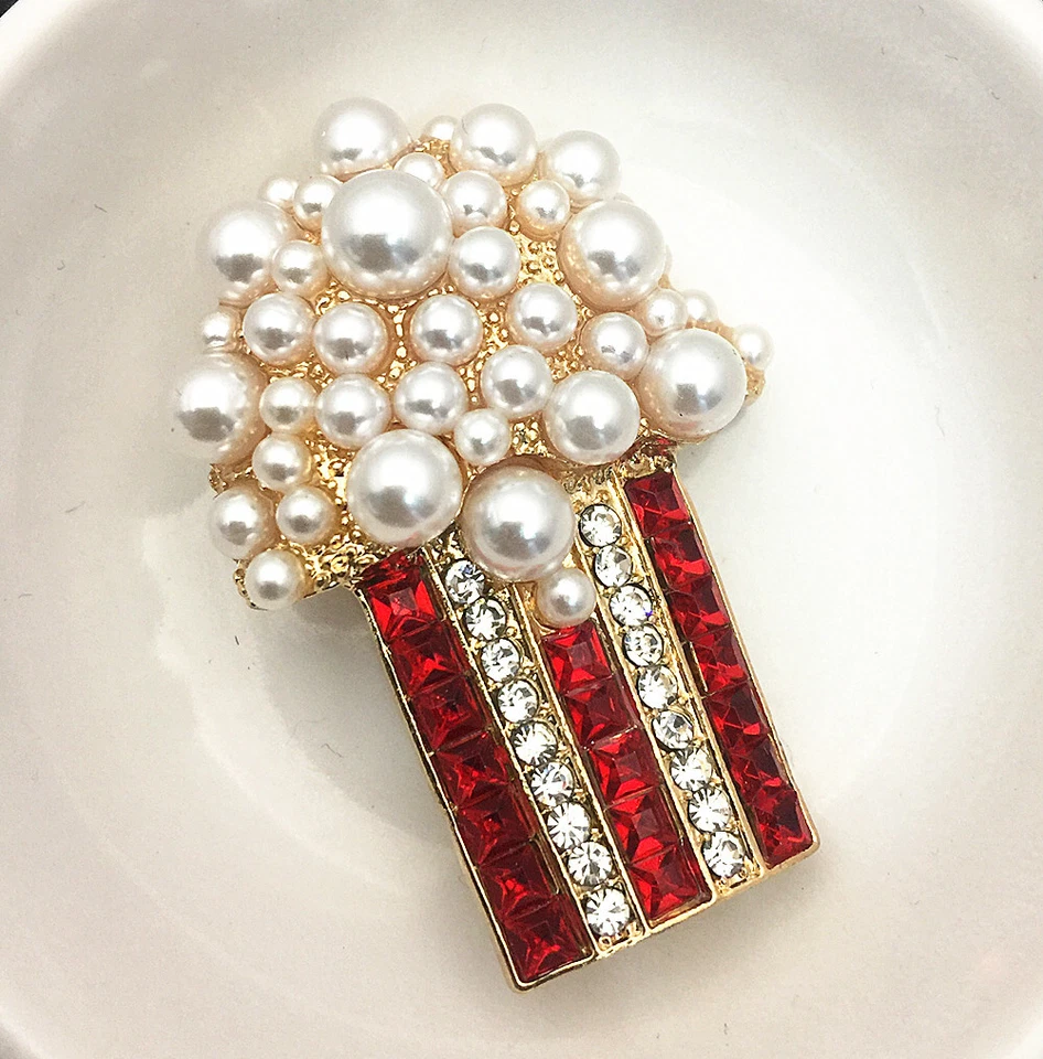Broche broche palomitas de maíz rojo cristal transparente blanco imitación perla para mujer Foto 2 de 3