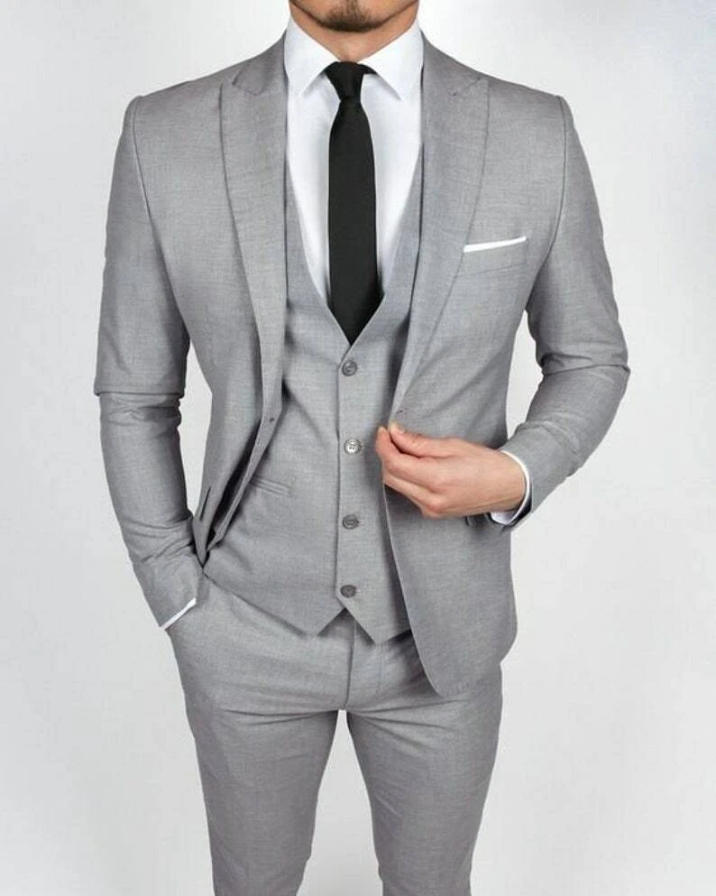 Mens Grey Suit 3 Piece Slim Fit Suit Jacket Evening Party Wear Formal Coat  Pants