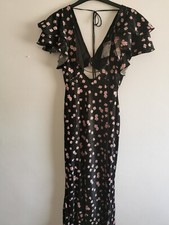 Coquette Maxi Dress ruffle sleeve Size 10 Black Ditzy Print Bias Cut