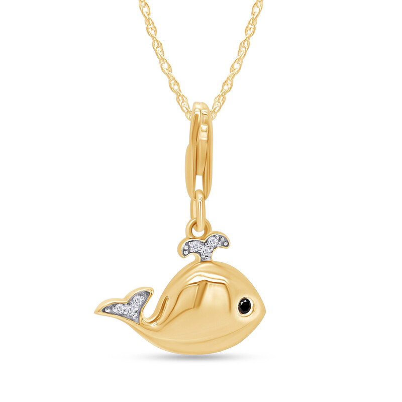 Whale Fish Pendant Necklace Black & White Real Diamond 14K Solid Gold, 18" Chain