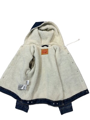 Levis Mens Denim Sherpa Lined Hooded Jacket Pocket Drawstring Blue