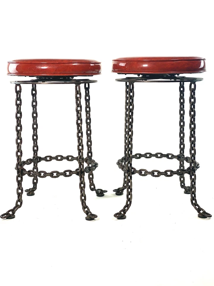 MCM Vintage 2 Taburetes de Bar Vinilo Industrial Brutalista Forjado Eslabón Giratorio Foto 2 de 4