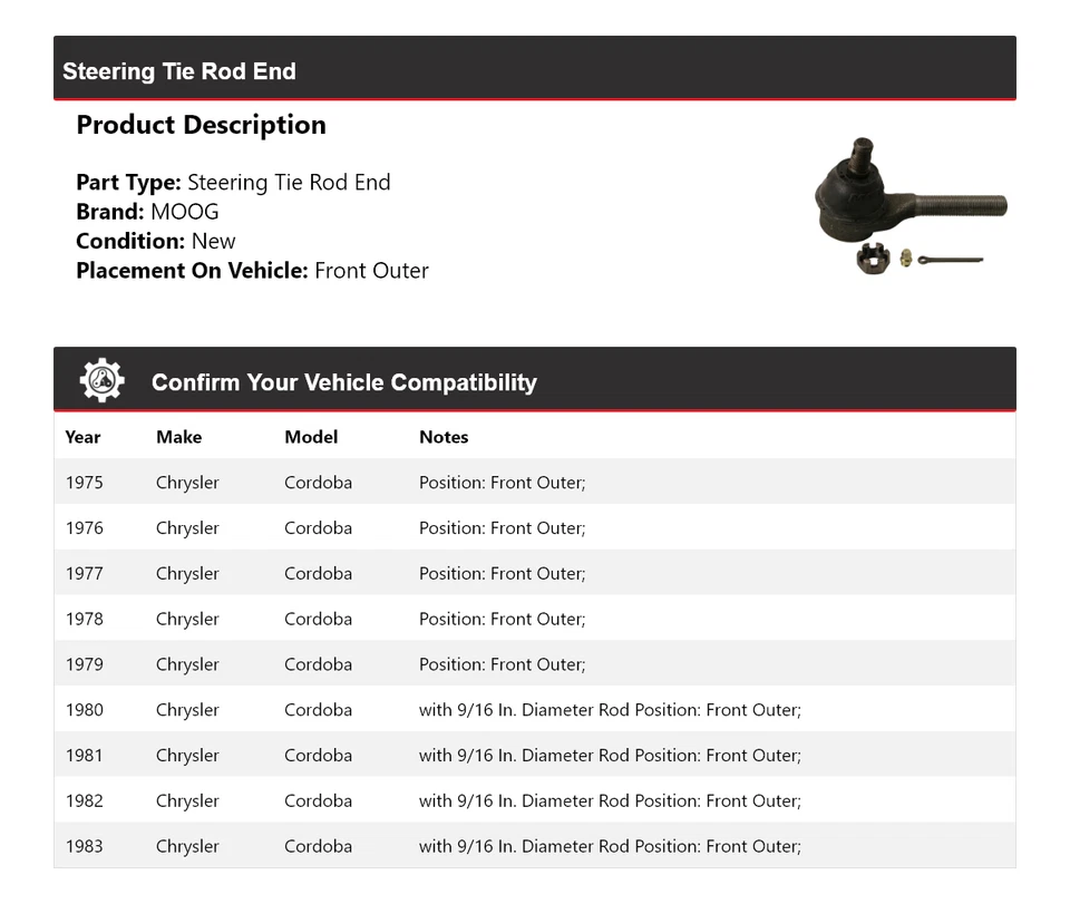 Barra de dirección delantera exterior MOOG 1975-1983 Chrysler Cordoba 1975-1983 Foto 2 de 4