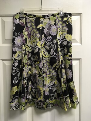 Sigrid Olsen Collection Lime Green Black Floral Silk Skirt Size 8 Lined Preowned