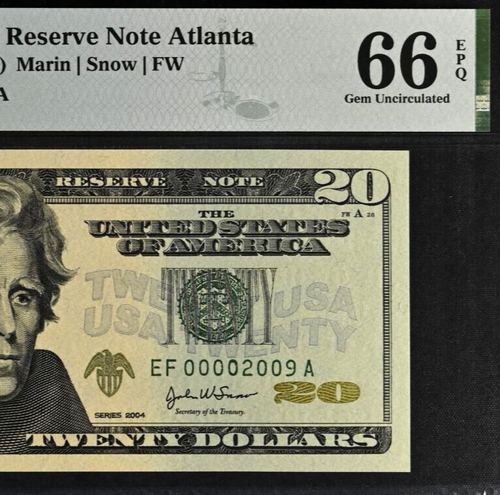 2004 $20 Federal Reserve Note PMG 66EPQ Gem Birthday Low Serial Number 00002009
