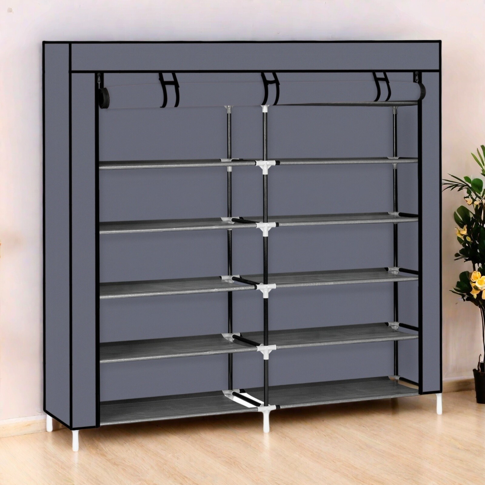6-Tier Gray Shoe Storage Cabinet with 12 Cubes, Non-Woven Fabric, Wide Design