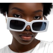 White Frame Sunglasses Rectangle Unique Visual Dark Black Lens UV40 Protection