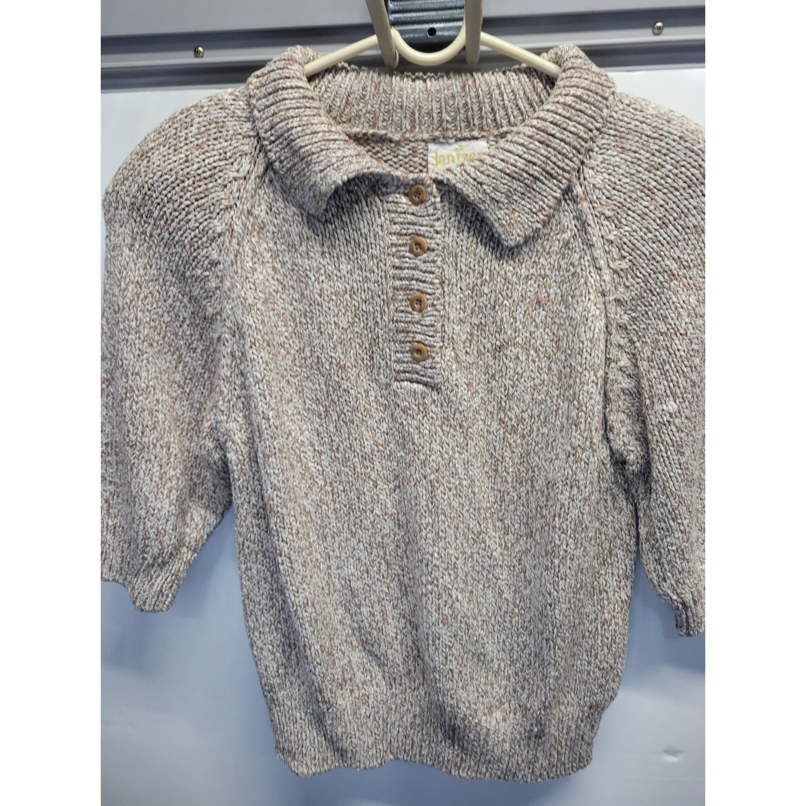 Jantzen Vintage Silk Blend Hand Loomed Knit Polo Sweater Tan Cream Large