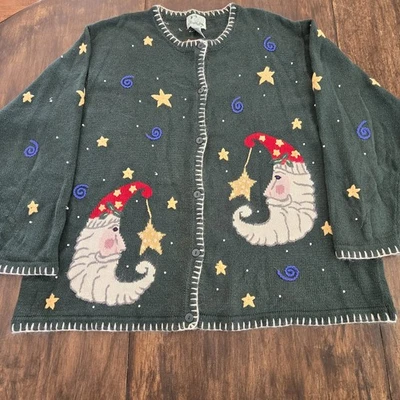 Quacker Factory Vintage Lg Green Santa Moon Stars Celestial Grandma Cardigan - Image 1 of 4