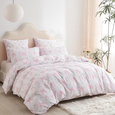 Duvet Cover Queen 3Pcs Pink Floral Bow Bedding Set for Girls Kids, Romantic