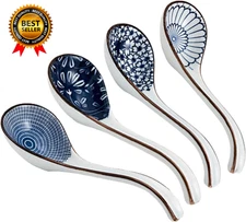 Ceramic Soup Spoons Set of 4,Asian Soup Spoon Chinese Long Ramen Spoon,Japanese 