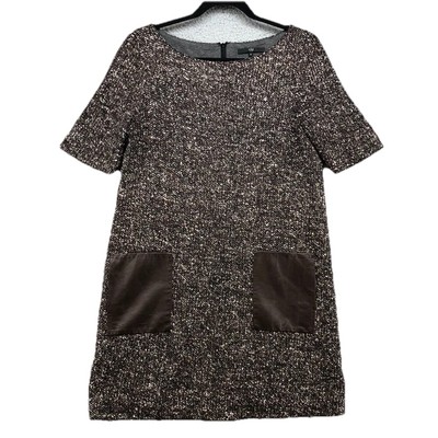 Tibi Tweed Shift Dress Womens Medium Brown Leather Pockets Business Teacher