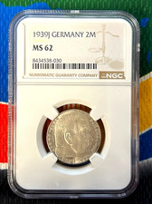 NGC MS 62  1939 J 2 Mark German Silver WWII Coin 3rd Reich Reichsmark Coin