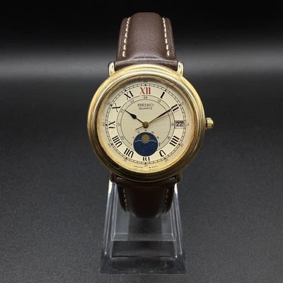 SEIKO 6F22-6050 Vintage Moonphase Watch Roman Dial Gold Case - New Battery - Bild 1 von 4