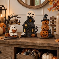 3pc Halloween Decor Set Haunted House Ghost Pumpkin Tabletop Statue Centerpiece
