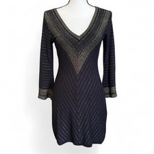 Vintage Y2K Guess Jeans Black Knit Sweater Dress with Gold Chevron Print