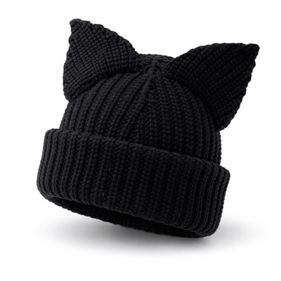 Cat Ear Beanie Knit Hat Cuffed Ribbed Cat Ears Winter Beanie Black
